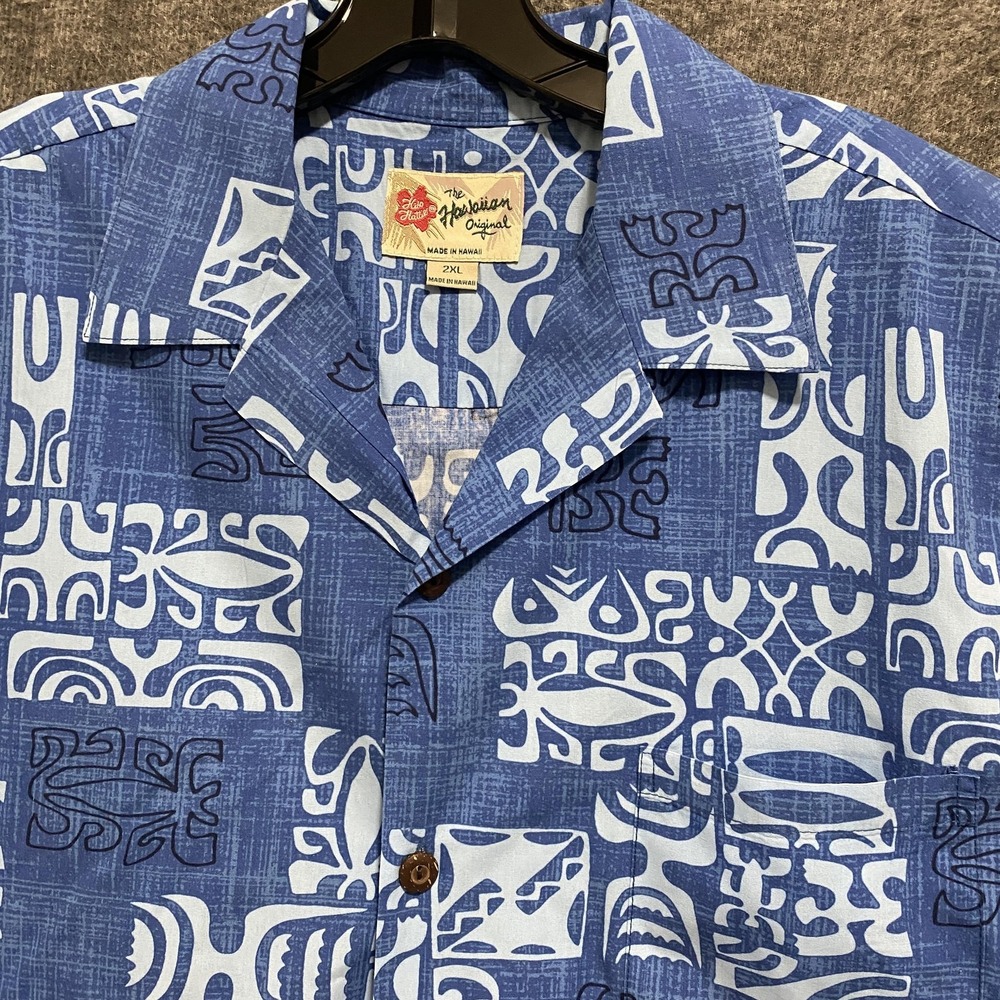 Hilo Hattie Shirt Mens 2XL Blue‎ Geometric Hawaiian Aloha Camp Resort Button Up - Picture 3 of 9